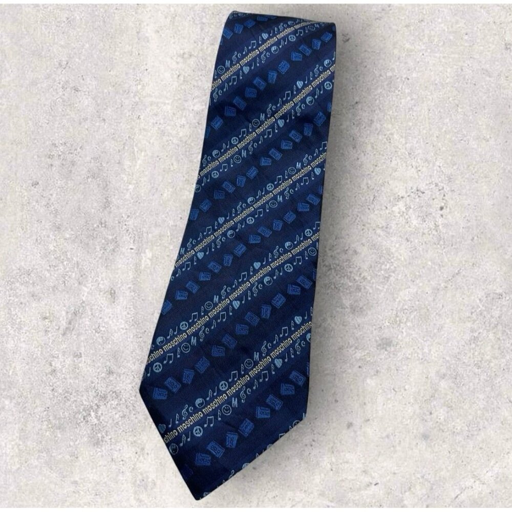 NEW MOSCHINO Silk Tie ITALY Navy Blue Monogram Brand Music Peace Smile W:4"